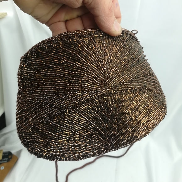 Brown beaded sequin vintage clutch handbag purse - Picture 4 of 8